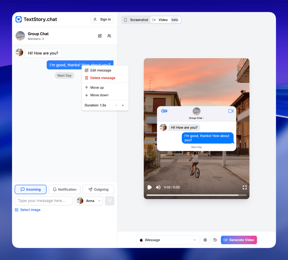 Configuring chat style and timing settings in TextStory.chat interface