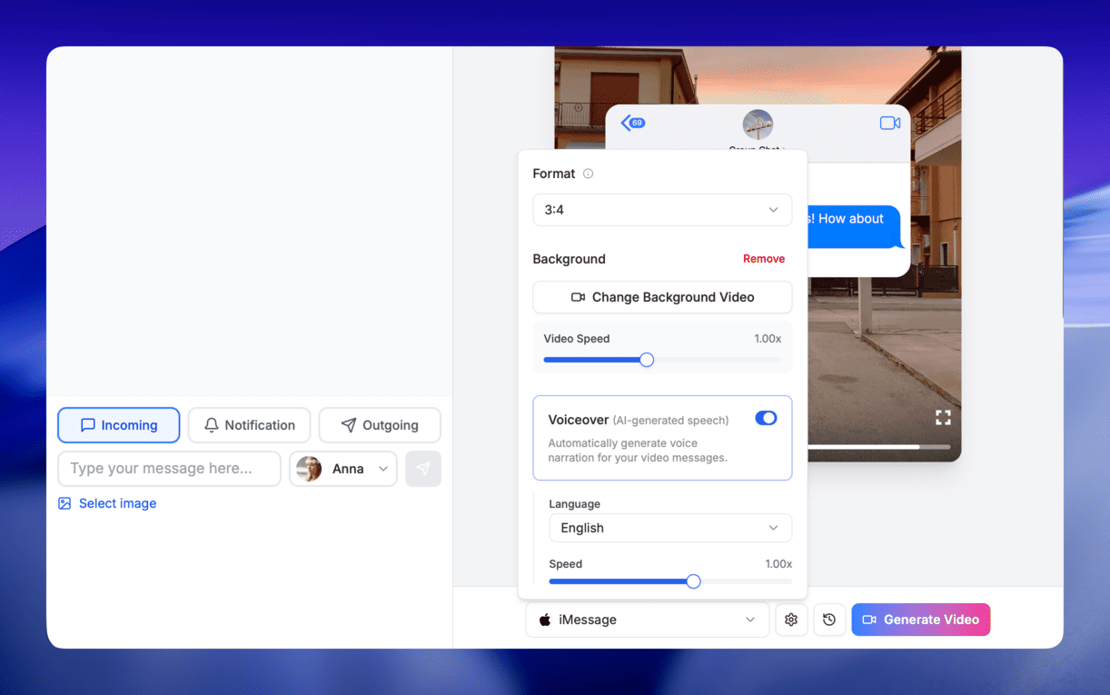 AI voiceover settings and video generation options in TextStory.chat